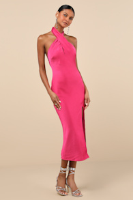 Beyond Classy Hot Pink Satin Halter Midi Dress 6
