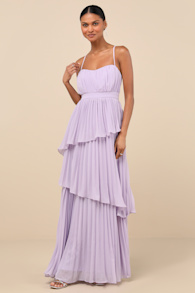 Jehona Lavender Pleated Tiered Maxi Dress