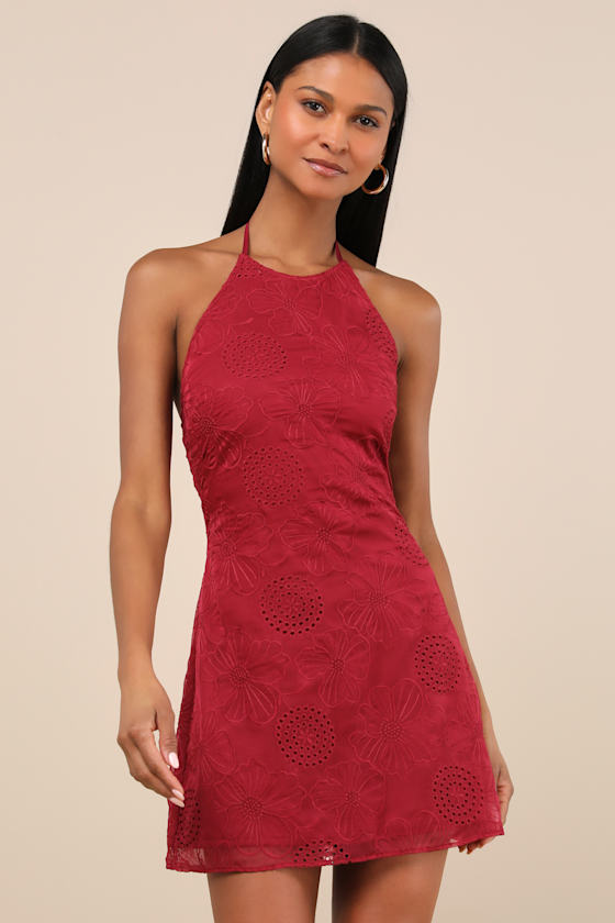 Lulus Letitia Dark Red Embroidered Halter Mini Dress