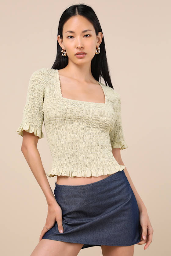 Lulus Enna Pale Green Smocked Short Sleeve Top