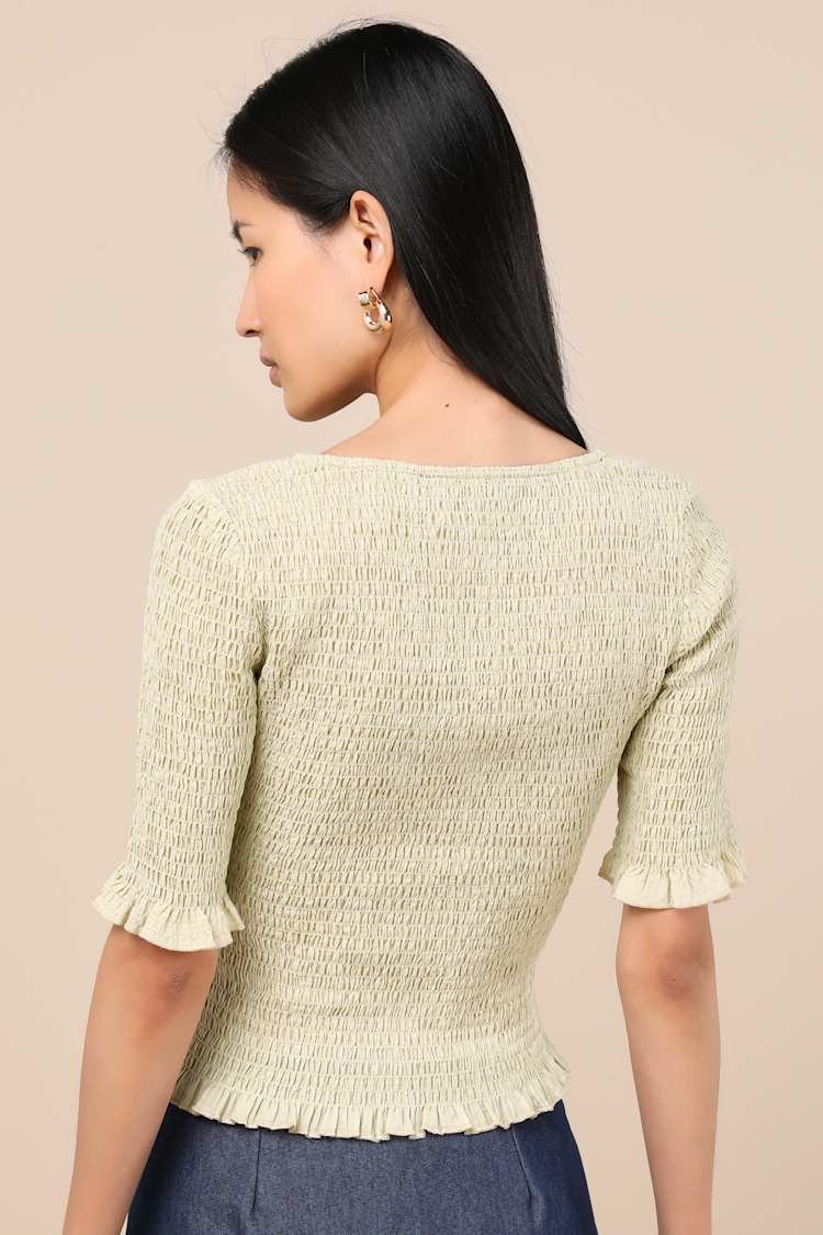 Enna Pale Green Smocked Short Sleeve Top