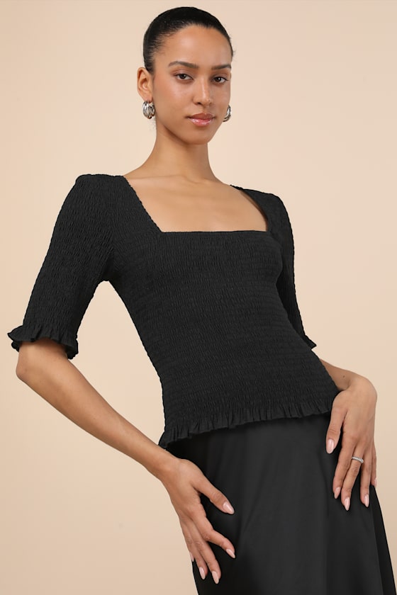 Lulus Enna Black Smocked Short Sleeve Top