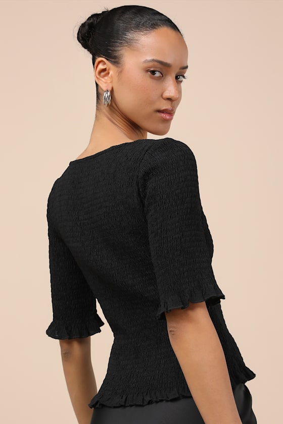 Lulus Enna Black Smocked Short Sleeve Top