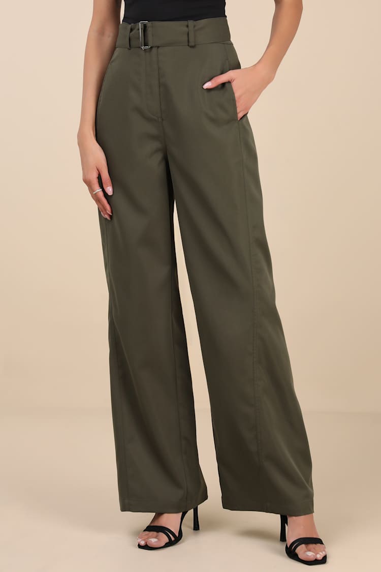 Baron Olive Green Belted High-Rise Wide-Leg Pants