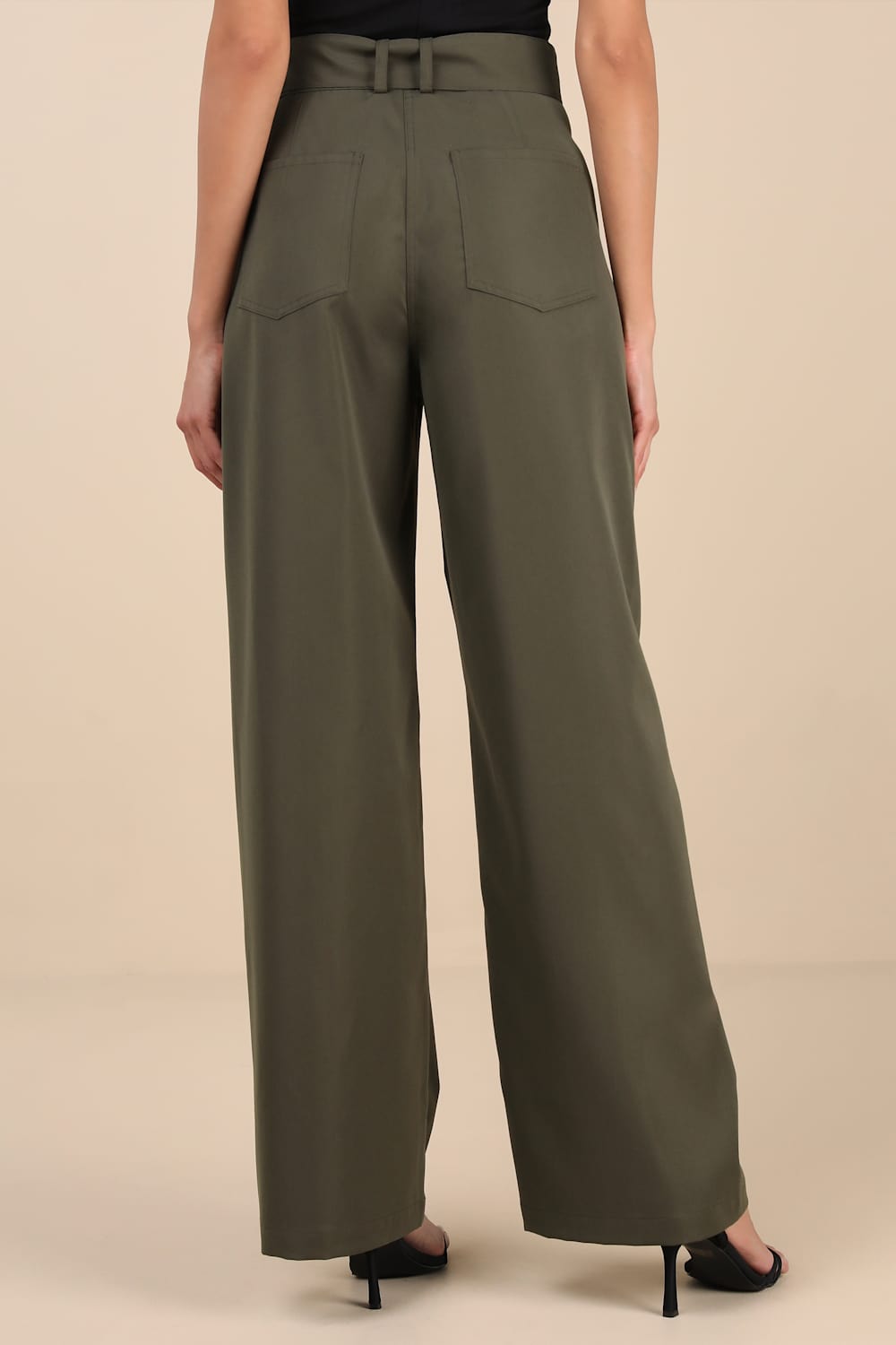 Baron Olive Green Belted High-Rise Wide-Leg Pants