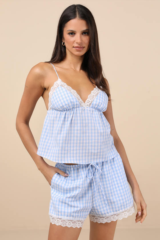 Kendra Blue Gingham Lace Sleeveless Top