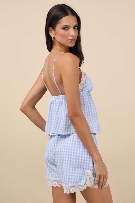 Shop Nia Kendra Blue Gingham Lace Sleeveless Top