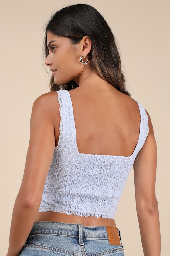 Lulus Flirtatious Attitude Light Blue Ivory Lace Bustier Cami Crop Top In Light Blue