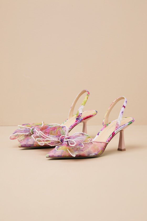 BETSEY JOHNSON SB-KELLI LIME MULTI FLORAL BOW POINTED-TOE PUMPS