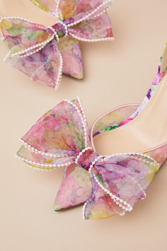 BETSEY JOHNSON SB-KELLI LIME MULTI FLORAL BOW POINTED-TOE PUMPS