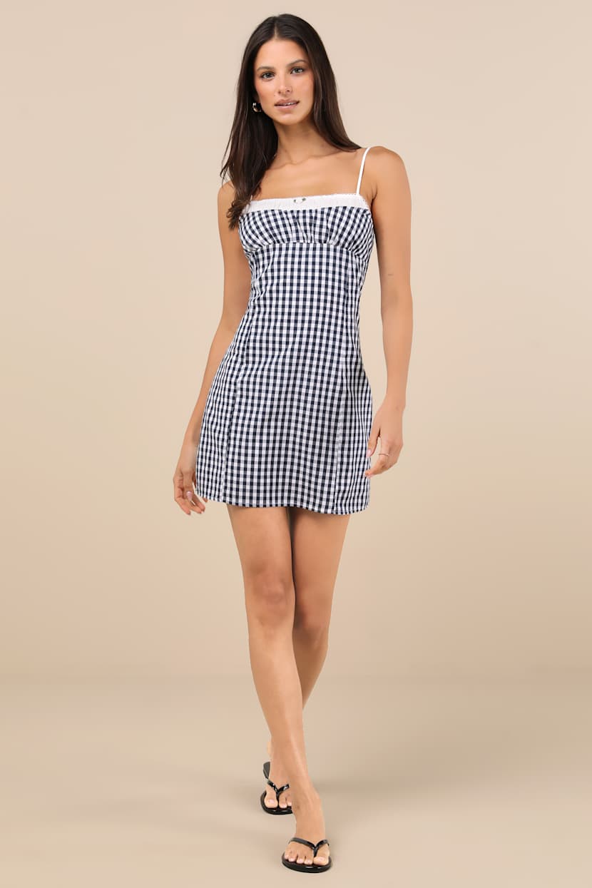 Navy Gingham Mini Dress | Womens | Small (Available in L) | 100% Cotton