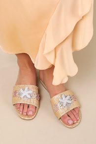 Robinna Natural Raffia Rhinestone Flat Slide Sandals