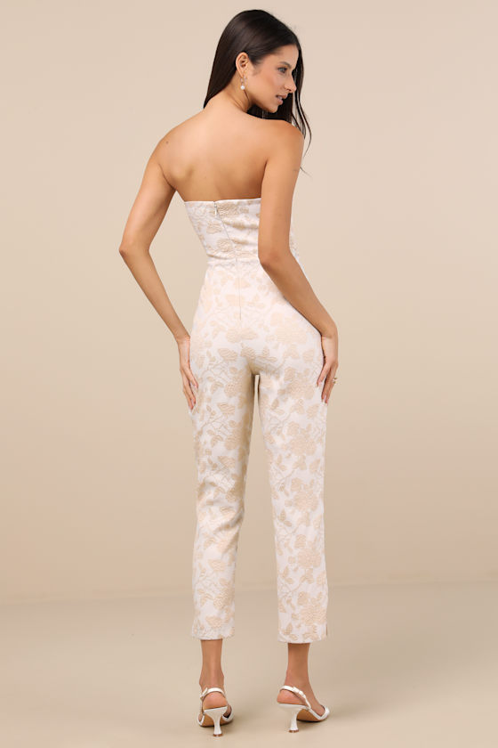 Lulus Elisabetta Cream And Gold Jacquard Strapless Cropped Jumpsuit In Gold