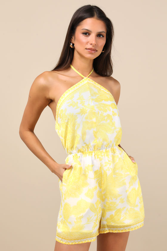 Moya Yellow and White Floral Halter Romper 2