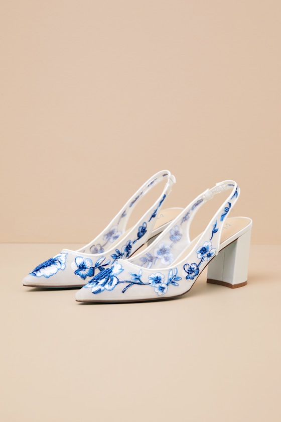 SB-Page White and Blue Floral Embroidered Mesh Slingback Pumps 1