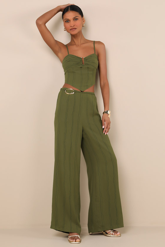 Lulus Kotryna Green Striped O-ring Belted Wide-leg Pants