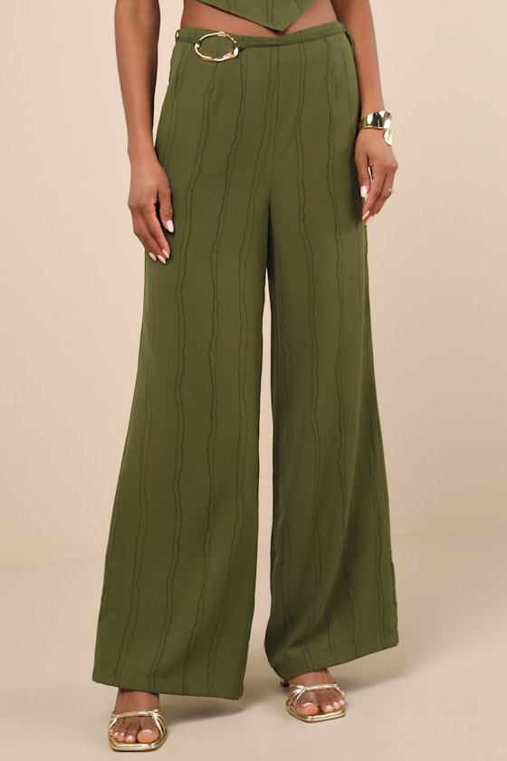 Kotryna Green Striped O-Ring Belted Wide-Leg Pants