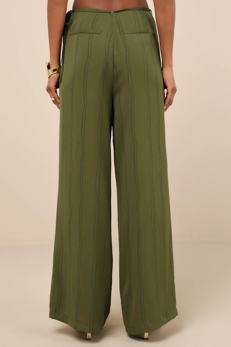 Kotryna Green Striped O-Ring Belted Wide-Leg Pants