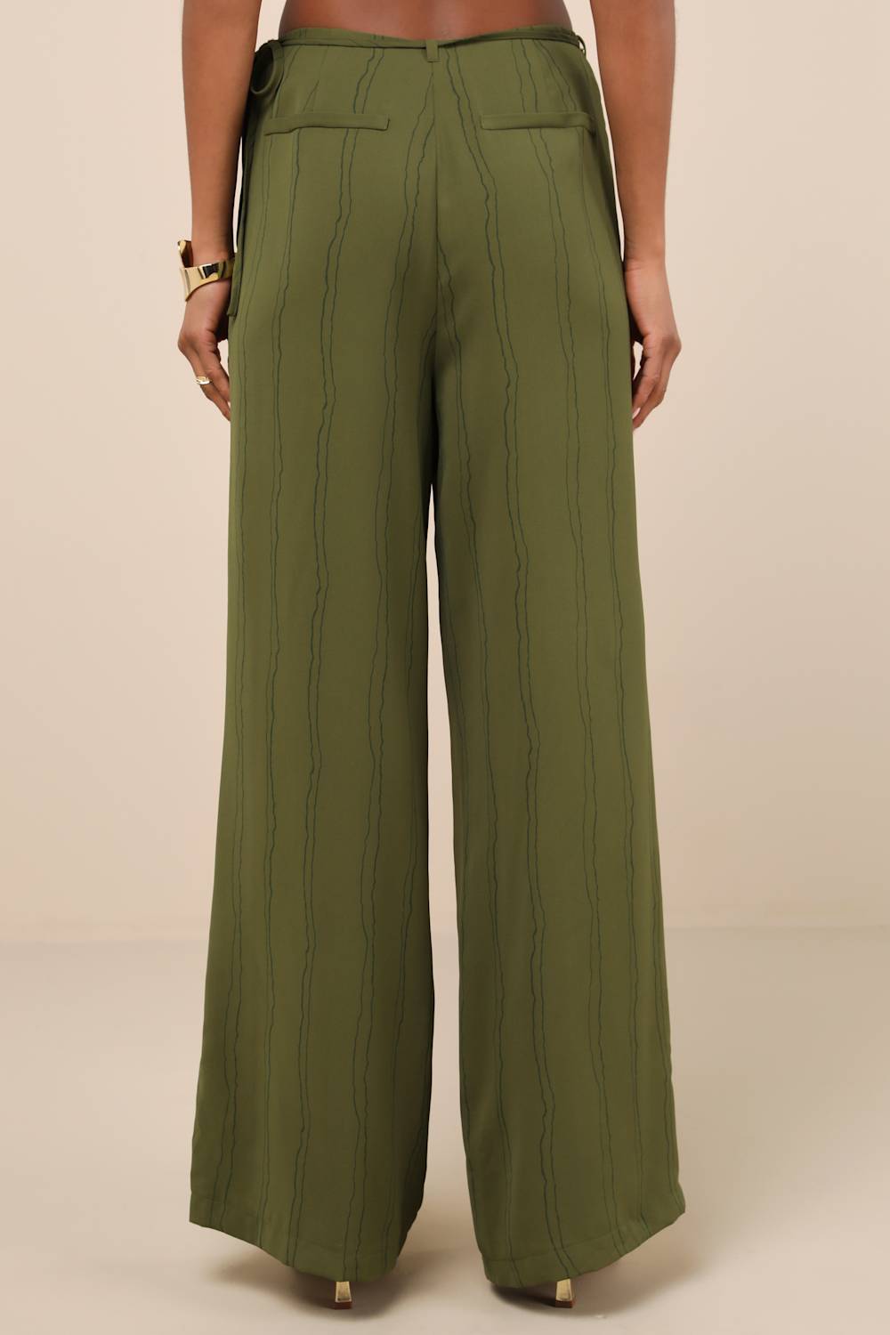 Kotryna Green Striped O-Ring Belted Wide-Leg Pants