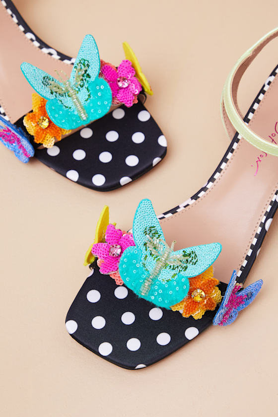 BETSEY JOHNSON EMERRY BLACK MULTI 3D APPLIQUE LOW HEEL SANDALS