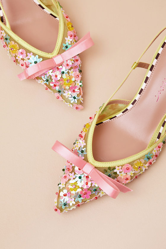 BETSEY JOHNSON SADDY LIME MULTI SEQUIN SLINGBACK KITTEN HEEL PUMPS