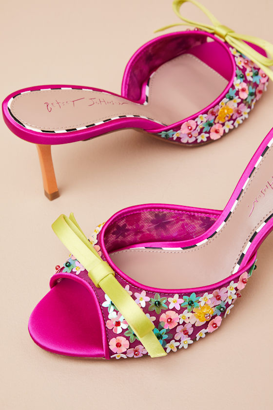 BETSEY JOHNSON NADDIA FUCHSIA MULTI SEQUIN HIGH HEEL SLIDE SANDALS