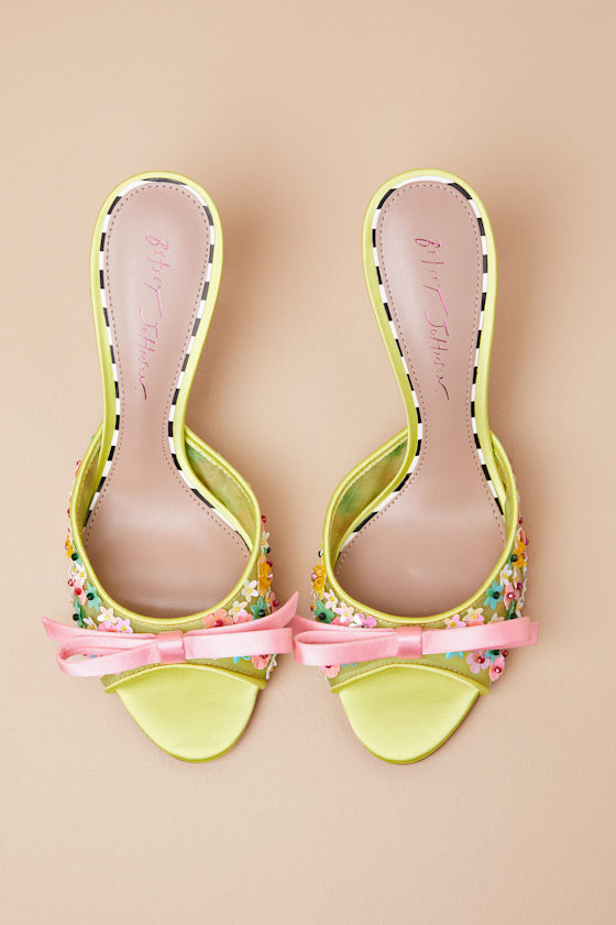 BETSEY JOHNSON NADDIA LIME MULTI SEQUIN HIGH HEEL SLIDE SANDALS