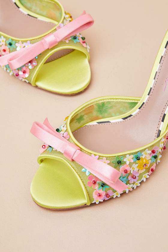 BETSEY JOHNSON NADDIA LIME MULTI SEQUIN HIGH HEEL SLIDE SANDALS