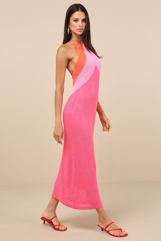 LULUS CANCUN CALLING PINK MULTI CROCHET HALTER MIDI SWEATER DRESS