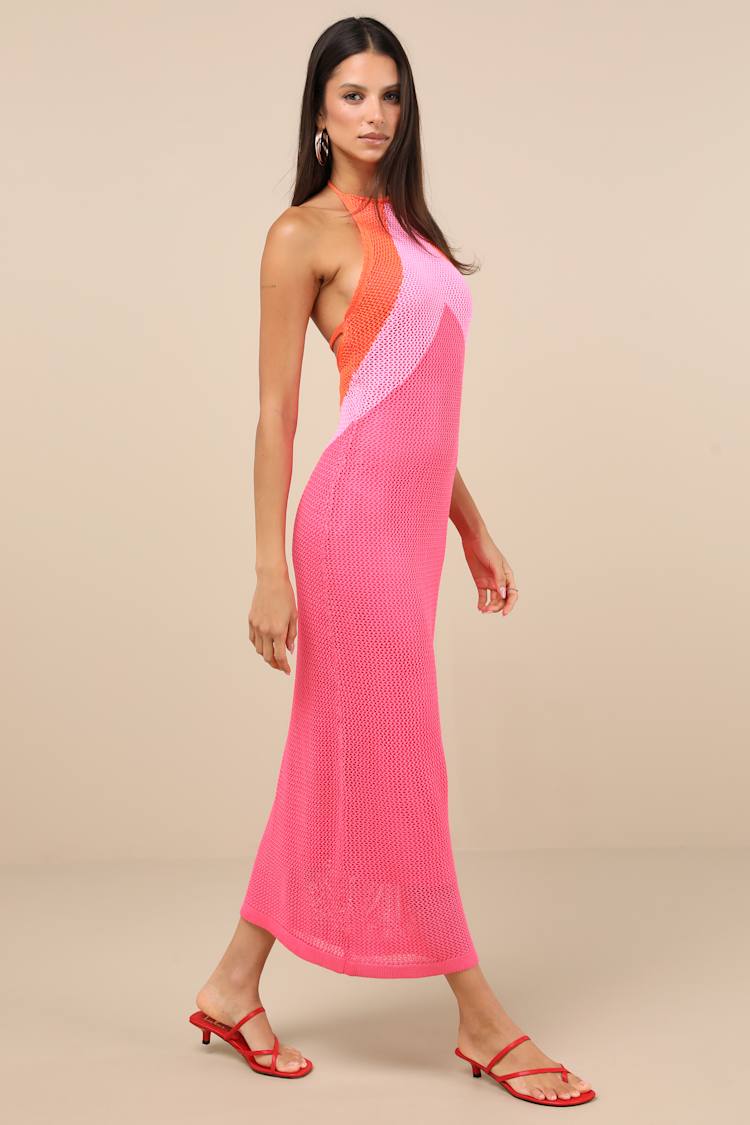 Cancun Calling Pink Multi Crochet Halter Midi Sweater Dress