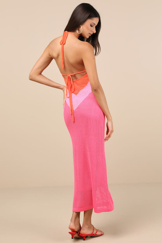 LULUS CANCUN CALLING PINK MULTI CROCHET HALTER MIDI SWEATER DRESS
