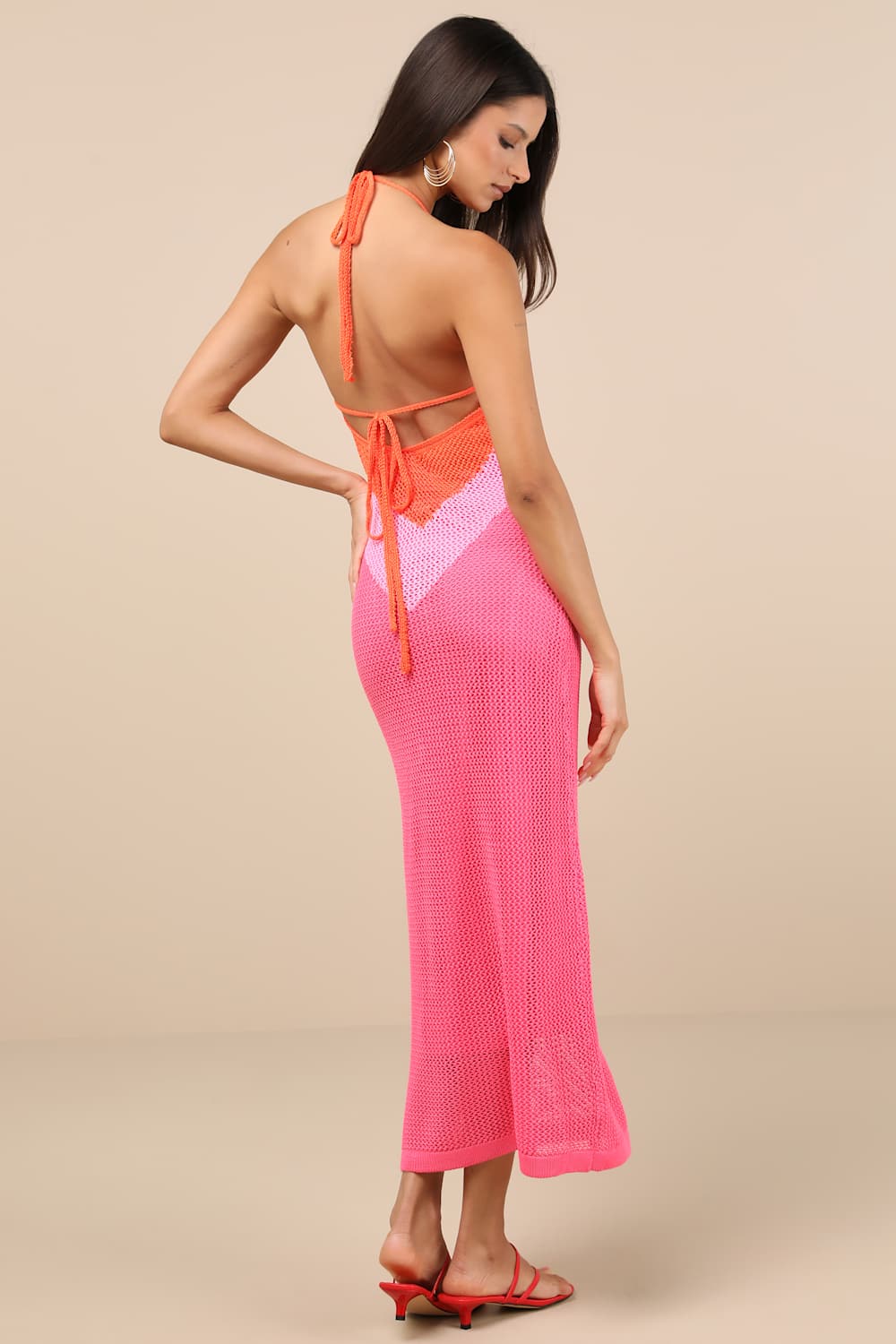 Cancun Calling Pink Multi Crochet Halter Midi Sweater Dress