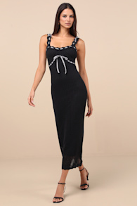 Agostina Black Knit Gingham Bow Midi Dress