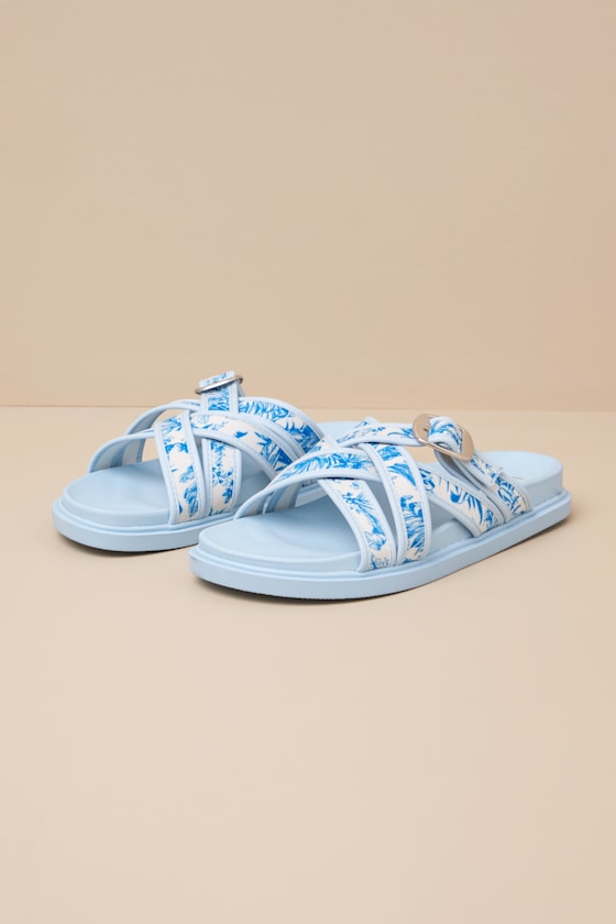 Lulus Killian Blue Tropical Print Slide Sandals