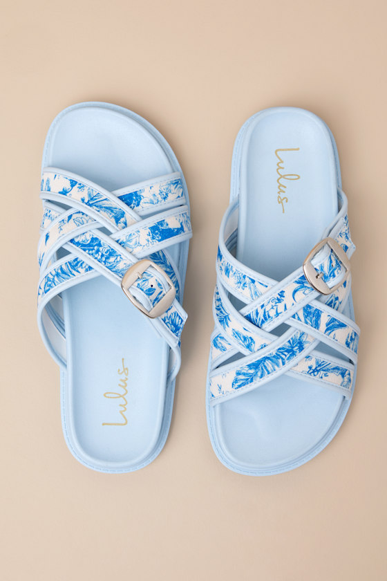 Lulus Killian Blue Tropical Print Slide Sandals