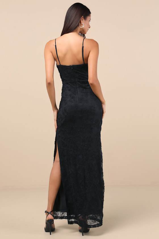 Lulus Joni Black 3d Applique Lace Maxi Dress In Black