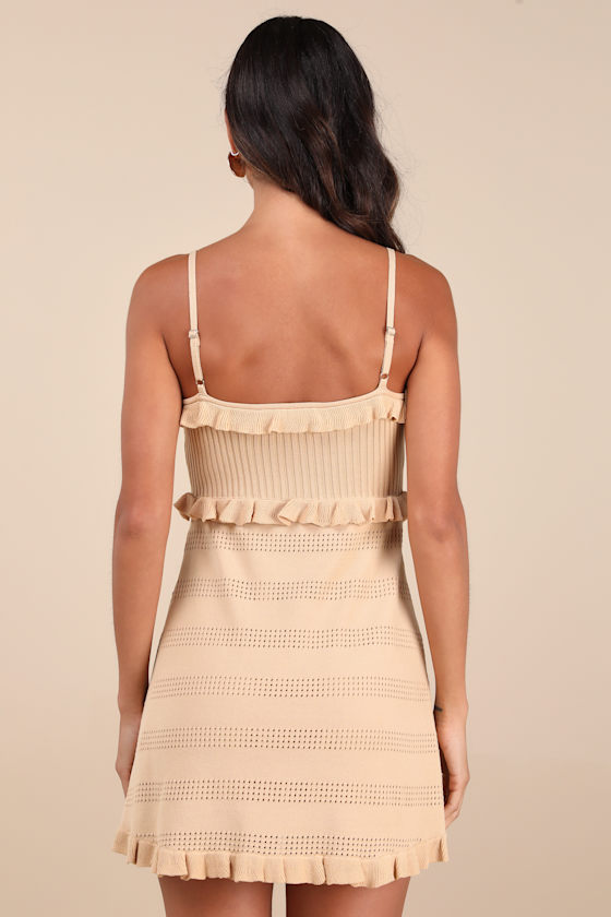 Lulus Enviable Pick Beige Pointelle Knit Ruffled Mini Dress In Beige
