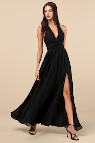 Marilina Black Pleated Twist-Front Maxi Dress