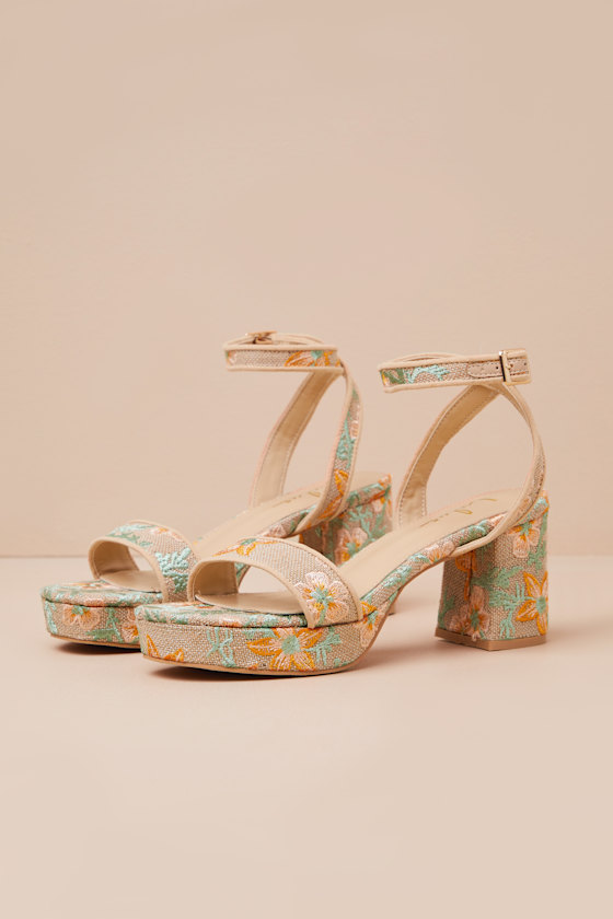 Lulus Elodina Multi Floral Raffia Platform High Heel Sandals In Brown