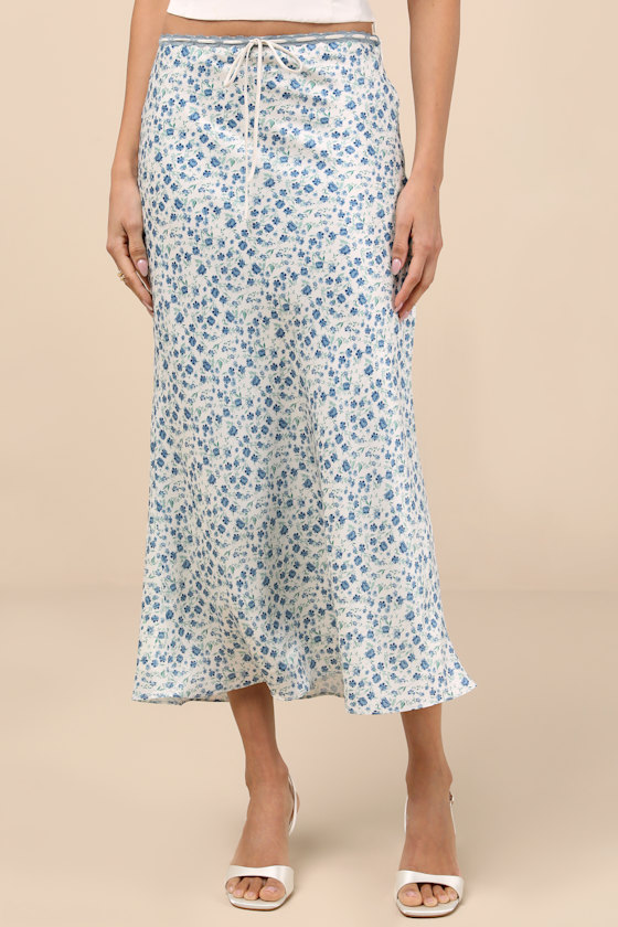 NIA NATHALIA IVORY FLORAL PRINT LACE MIDI SKIRT