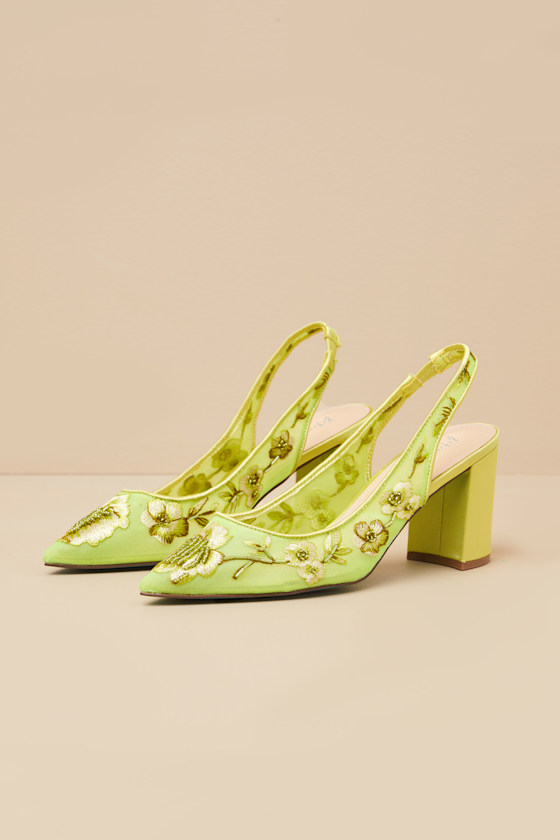 BETSEY JOHNSON SB-PAGE CITRON FLORAL EMBROIDERED MESH SLINGBACK PUMPS
