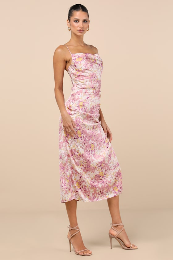 Truest Romance Pink Floral Print Sleeveless Ruched Midi Dress 6