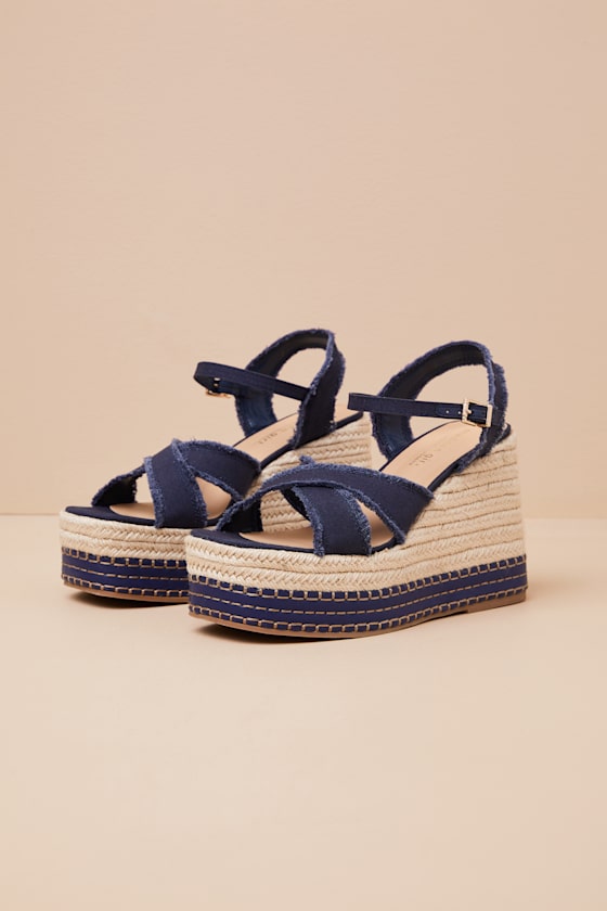 Madden Girl Carlotta Navy Canvas Raffia Wedge Sandals In Navy