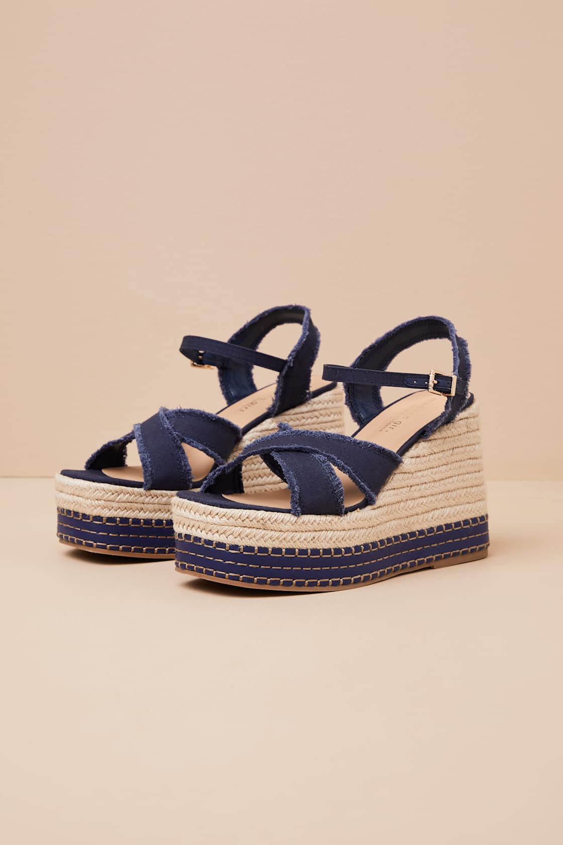 Carlotta Navy Canvas Raffia Wedge Sandals