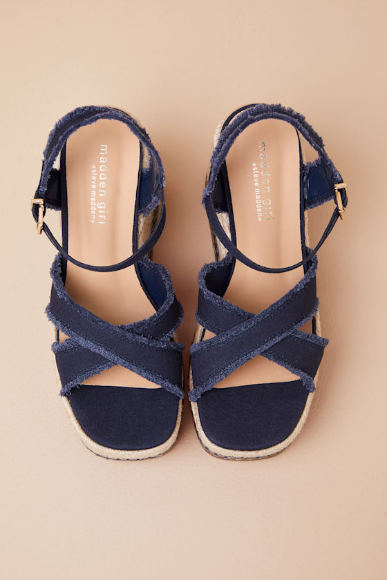 Madden Girl Carlotta Navy Canvas Raffia Wedge Sandals In Navy