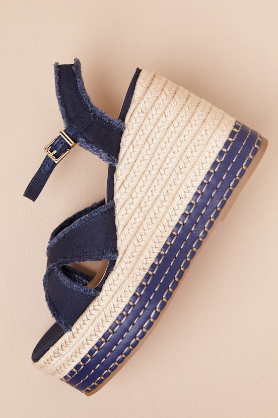 Madden Girl Carlotta Navy Canvas Raffia Wedge Sandals In Navy