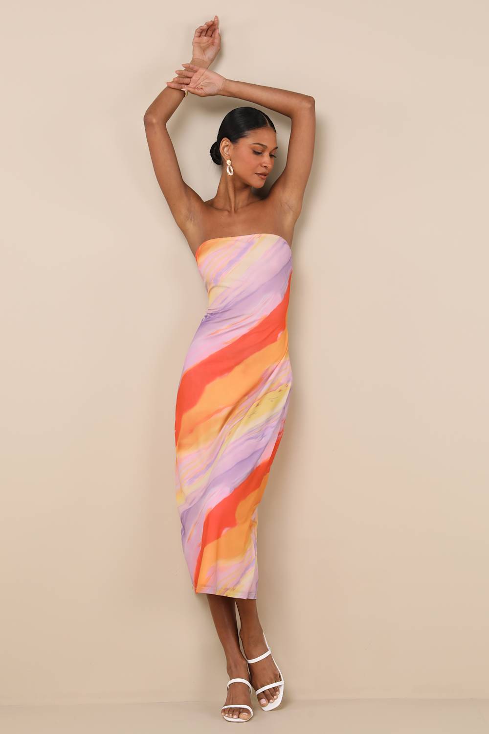 Jaylah Lavender Multi Strapless Mesh Strapless Midi Dress