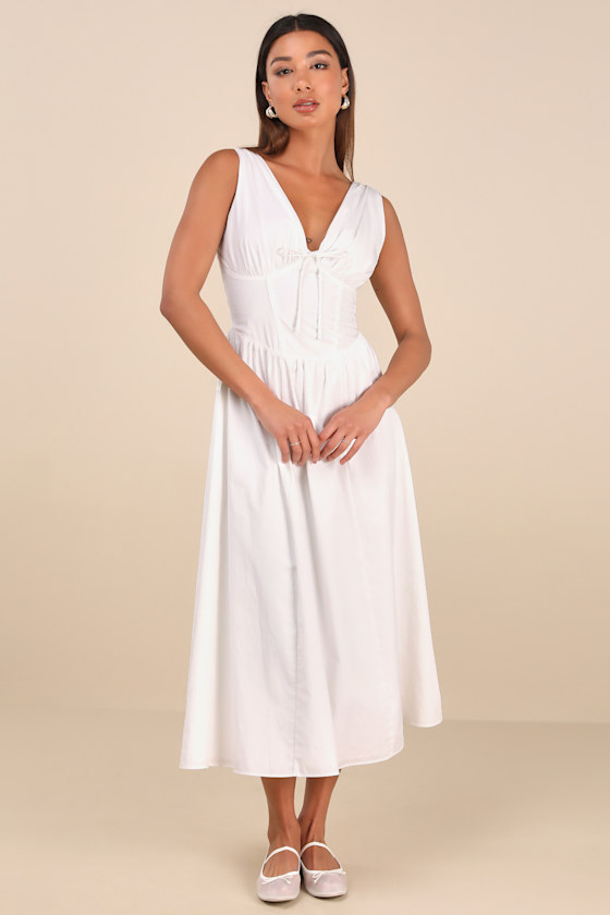 White Midi Dress - Poplin Midi Dress - Plunge Neck Midi Dress - Image 2