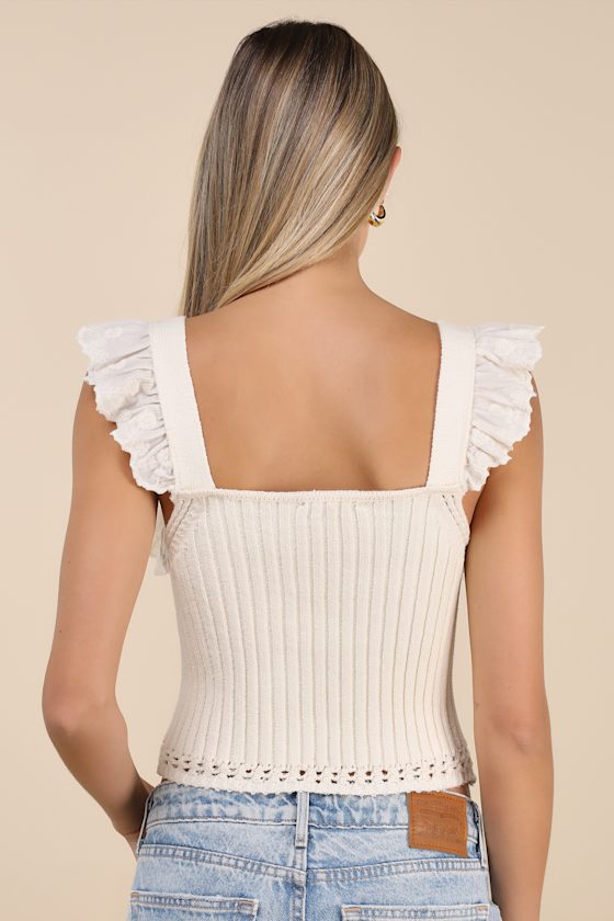 LULUS GIOIA CREAM RIBBED RUFFLED CAP SLEEVE TOP
