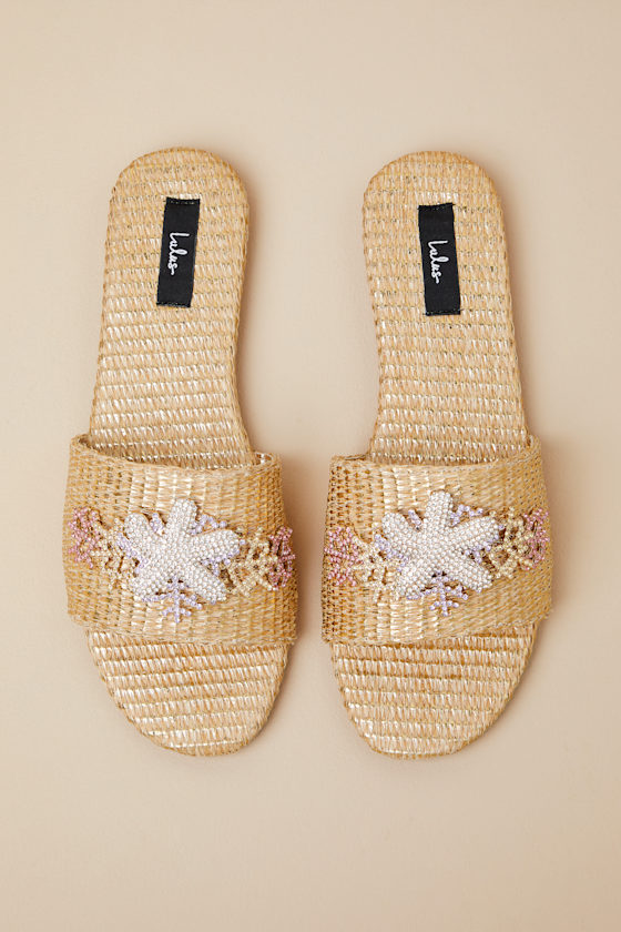 Lulus Robinna Natural Raffia Rhinestone Flat Slide Sandals